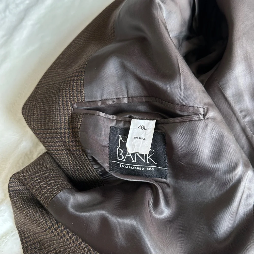 Jos A Bank 46L Beige Blue 100% Wool Sport Coat Glen Check Pattern